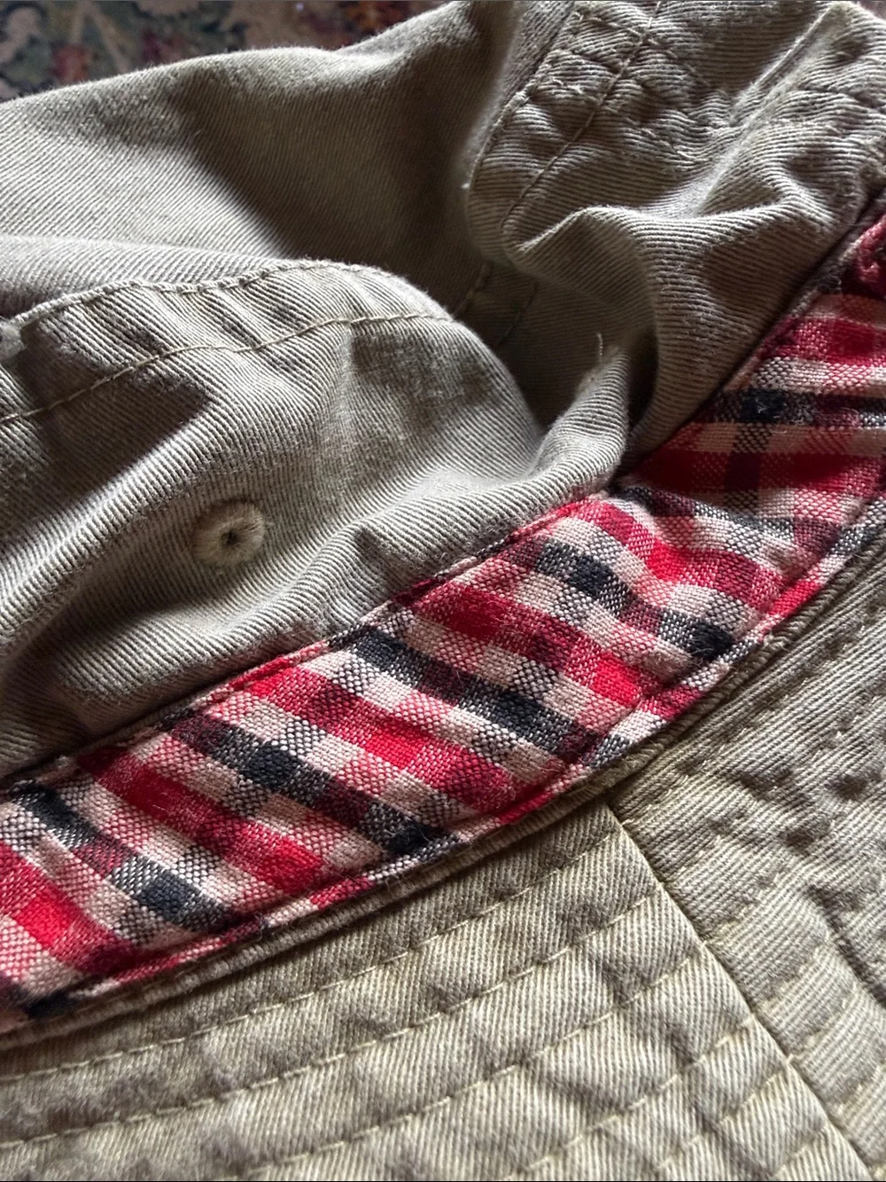 Reversible Kids Bucket Hat in Olive with Red Plaid Trim